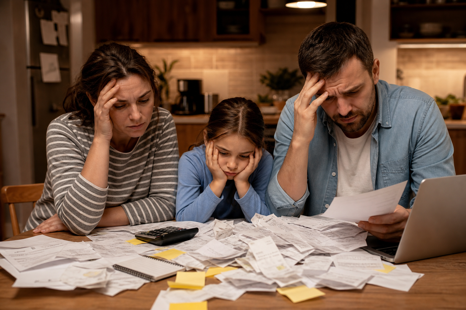 Family at a kitchen table stressed by piles of receipts, bills, calculator, and a laptop