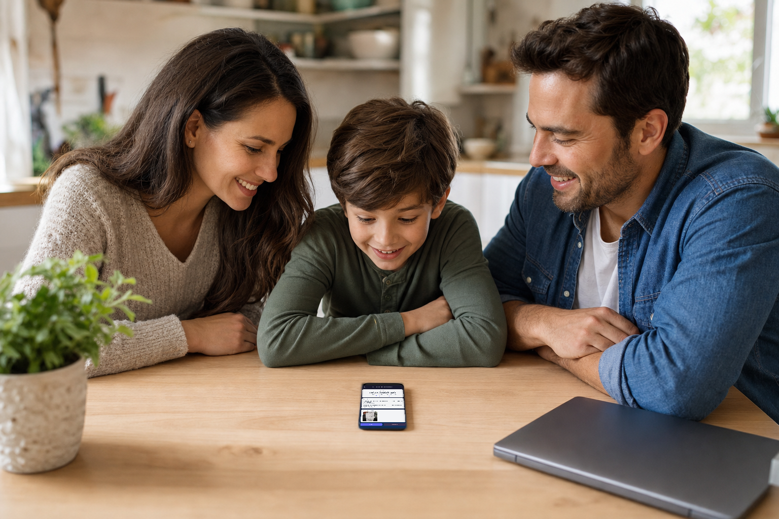 Same family at the table with a shared expense receipt visible on the phone screen