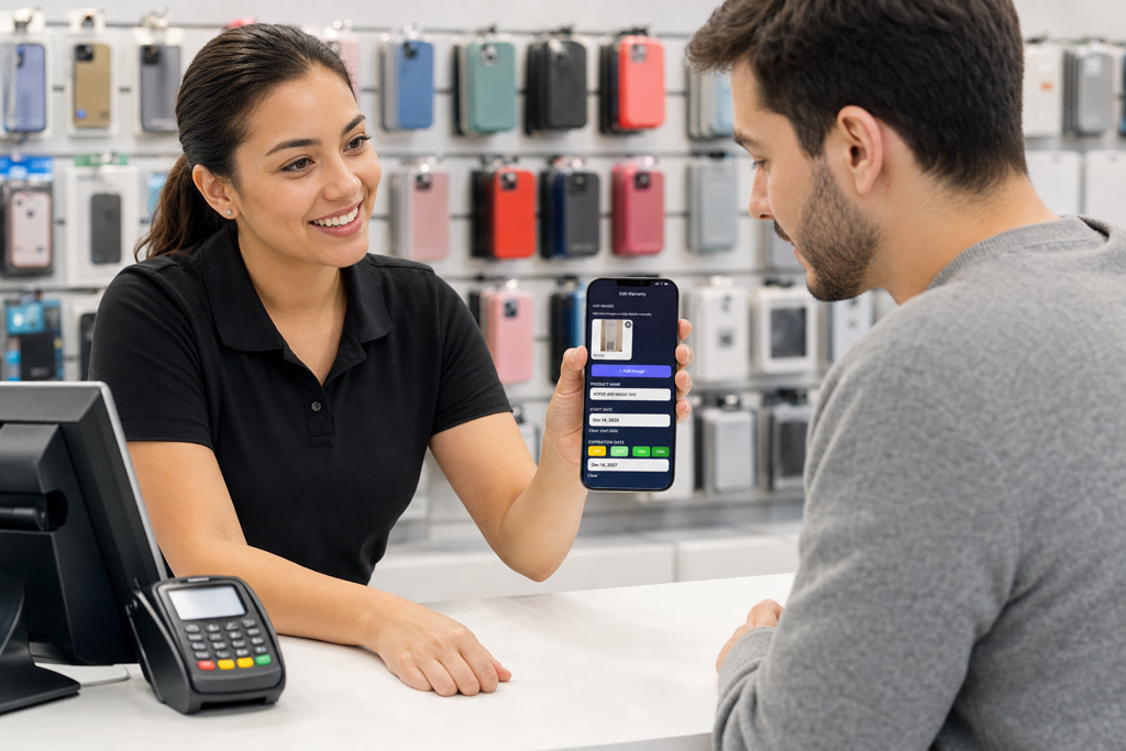 Customer showing receipt and warranty details in AI Warranty at a service counter